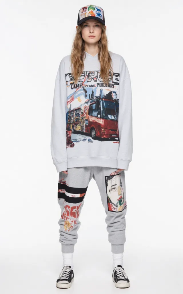 A French female model wearing Japanese street   style clothing, against a white background, in a front   facing shot focusing on shoes